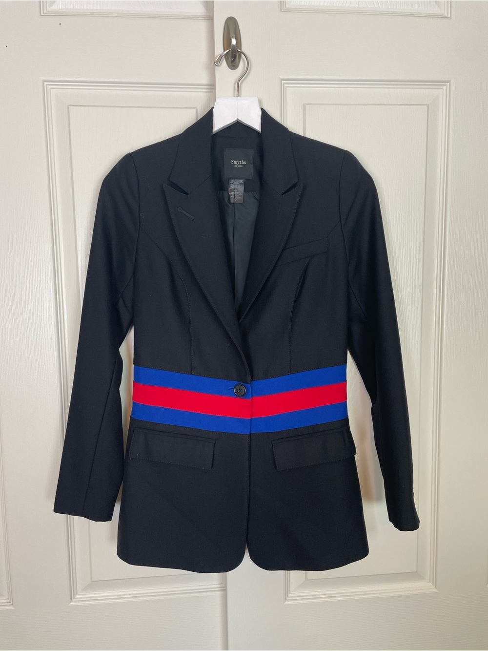 SMYTHE Black Wool Tailored Blazer Red Royal Blue Waist Stripe Sz 2 - Picture 2 of 9